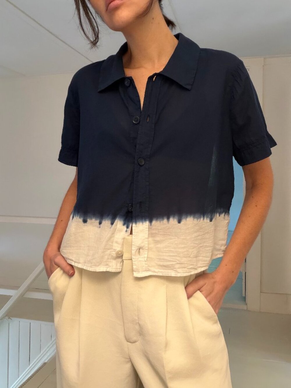 J. Crew Dip-Dyed Gamine Button Down Shirt in Cotton Voile Navy/White Size 10 $90